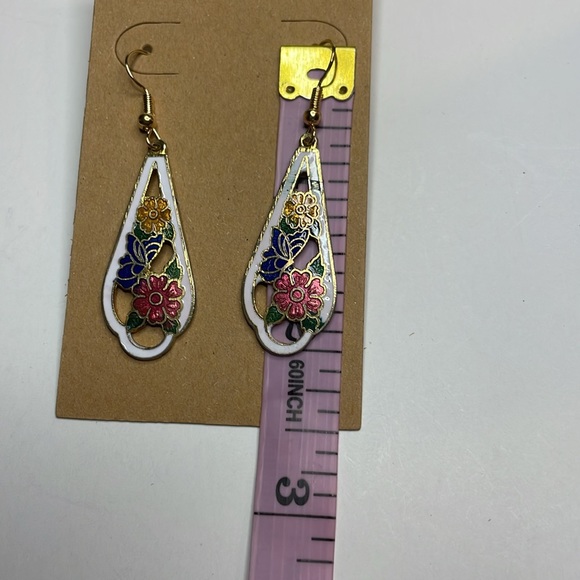 White Gold Tone Floral Cut Out Cloisonné Enamel Dangle Earrings (CPD45) - Picture 6 of 7